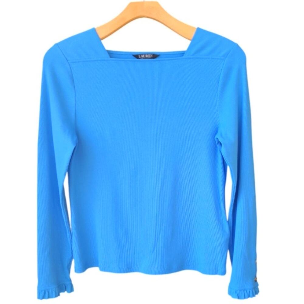 Lauren Ralph Lauren Rib Knit Top Gold Button Ruffle Cuff Blue Sz L Old Money